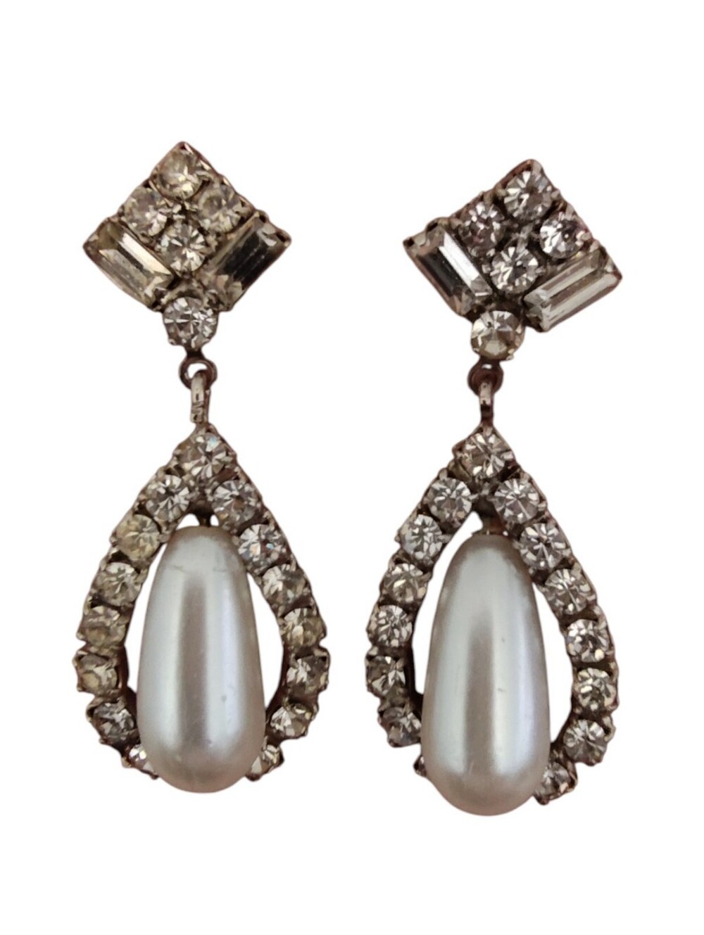 Vintage Style Rhinestone & Faux Pearl Teardrop Dangle Earrings